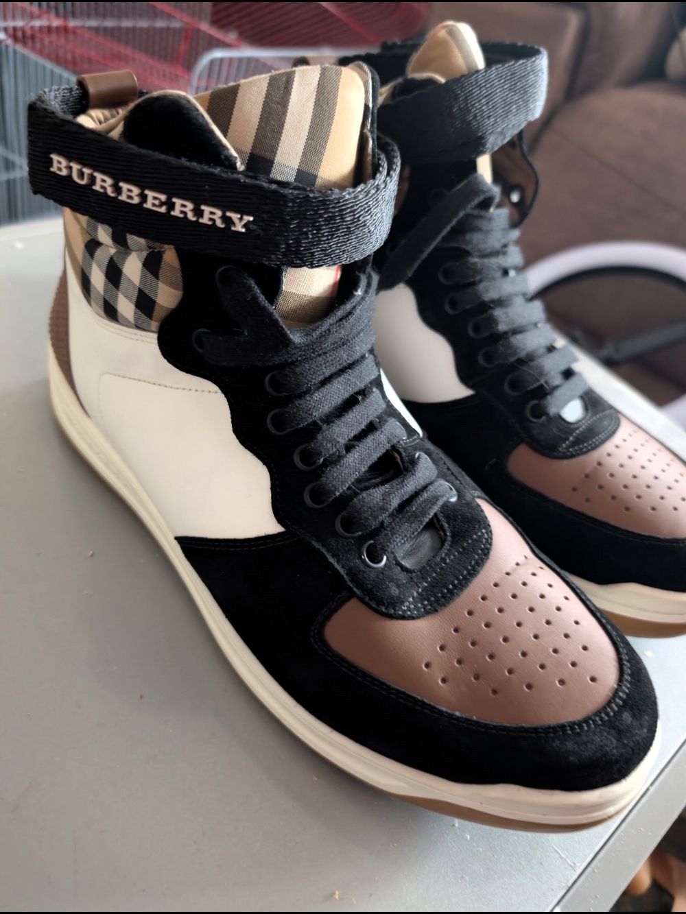 Burberry High-Top Sneakers in Black, White & Brown